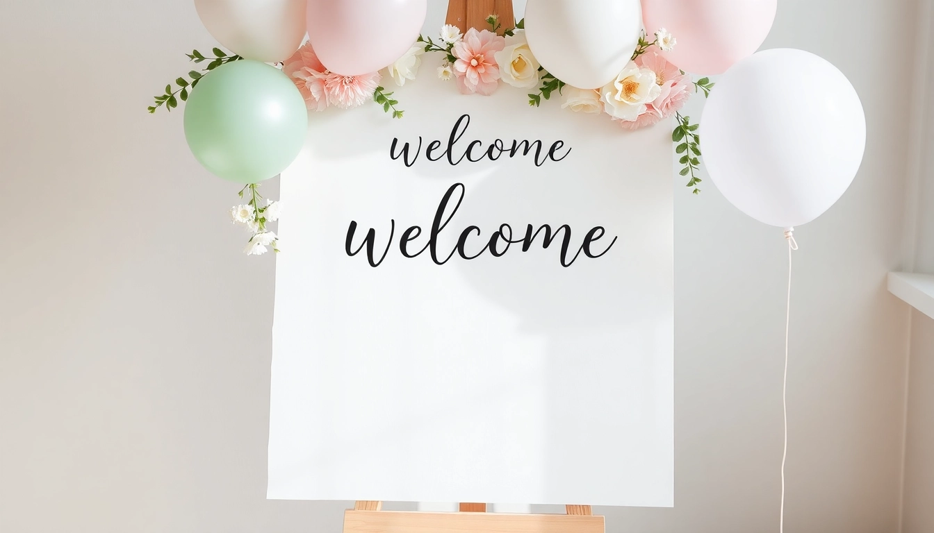 Colorful baby shower welcome sign with floral design and soft pastel elements, perfect for greeting guests at a celebration.