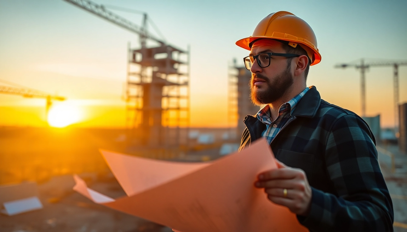 Experienced contractor reviewing plans on site with construction tools, ensuring project quality and precision.
