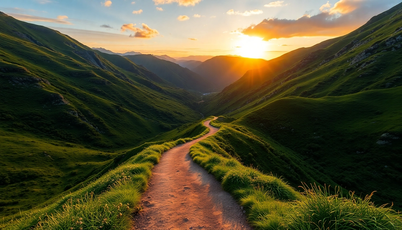 Hiking in lush mountains with hikers on a trail, showcasing adventure and outdoor exploration through a scenic hike.