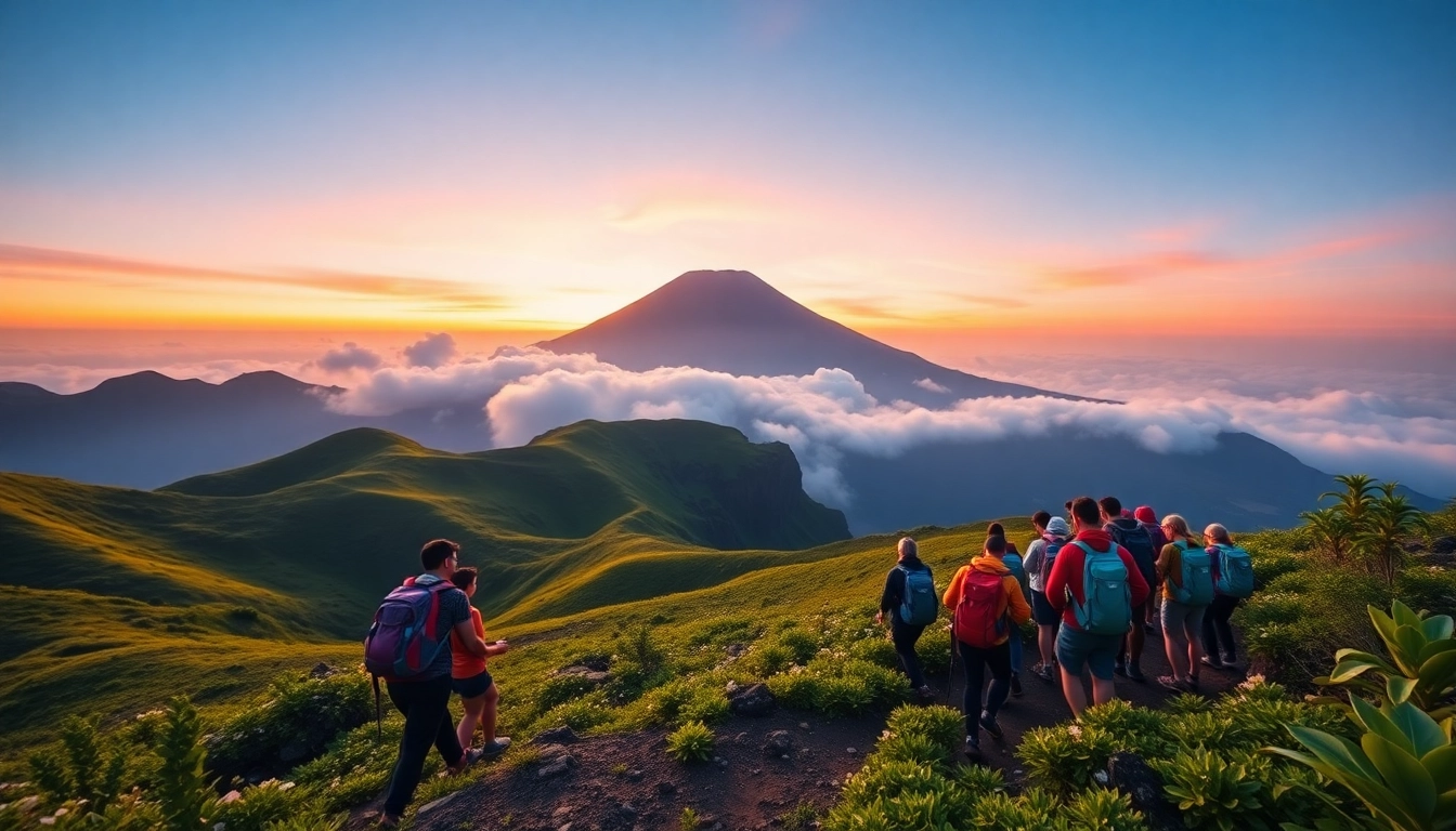 Hikers ascending Mount Rinjani at sunrise with lush green slopes and colorful sky