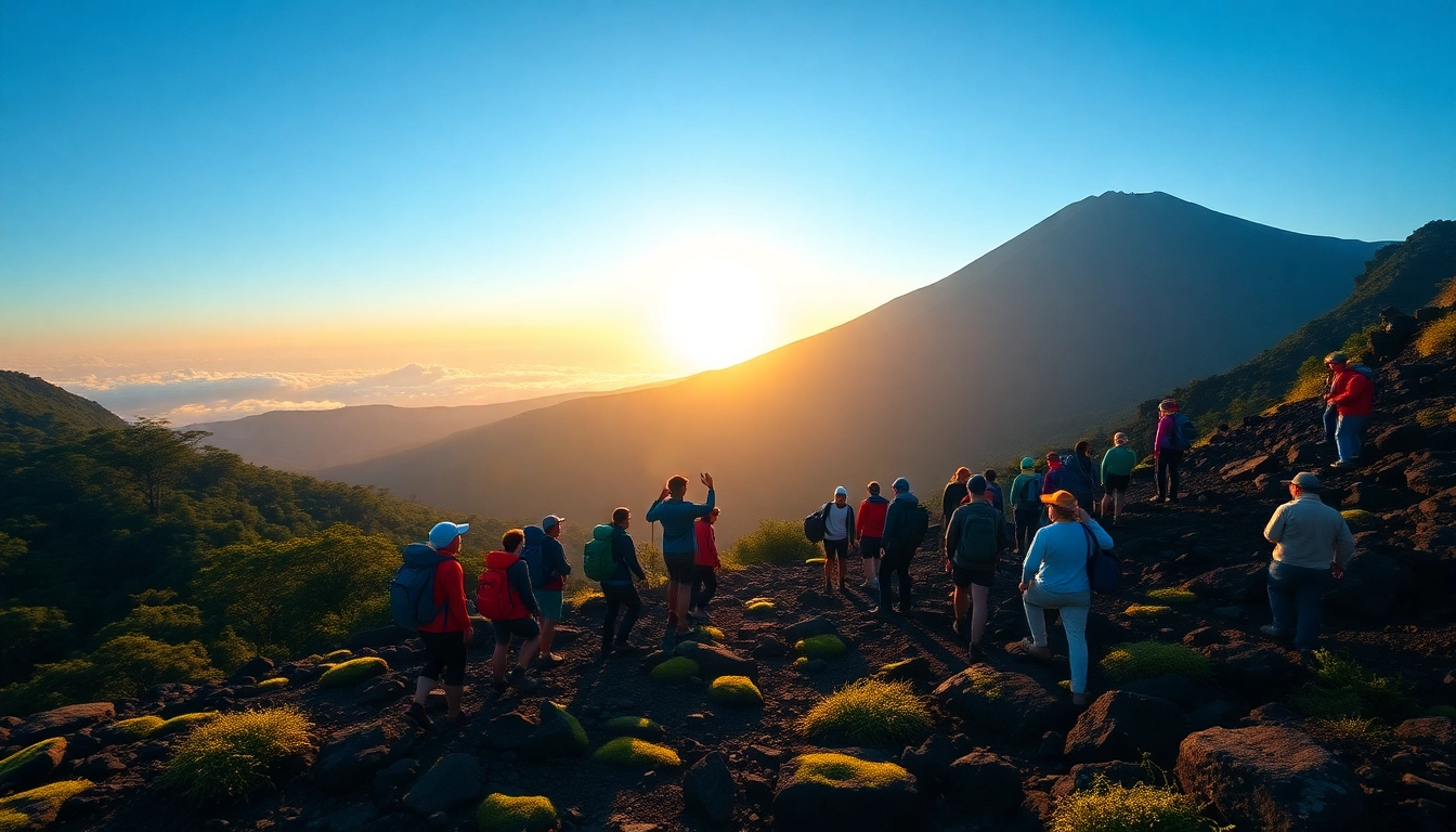 An inspiring sunrise over Mount Rinjani with hikers ascending the trail, lush greenery, and rugged volcanic landscape.