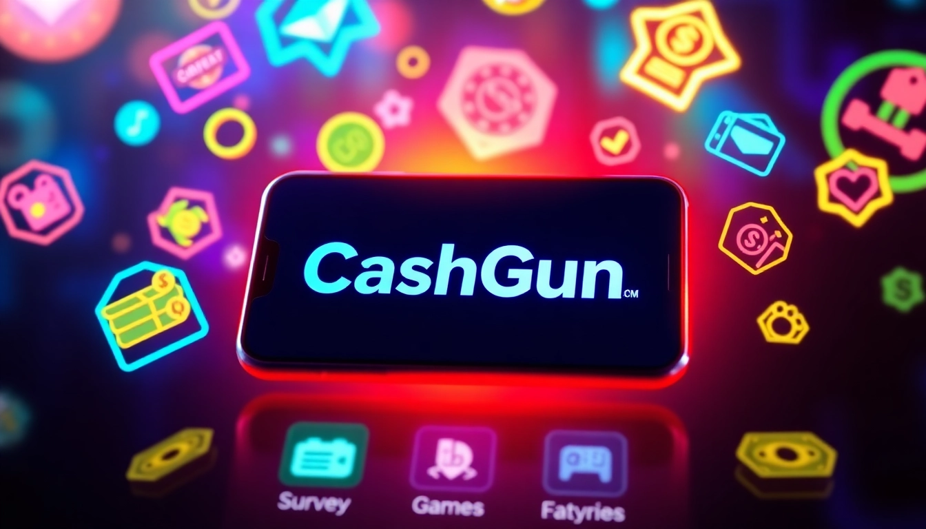 Screenshot of CashGun.com website interface with a clear logo and user dashboard, emphasizing earning methods through surveys and games for online cash rewards.
