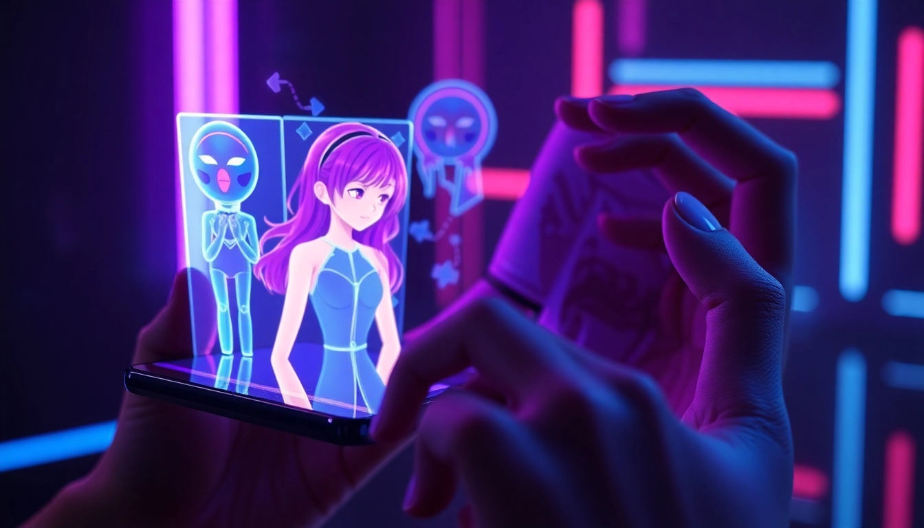 Futuristic AI sexting app interface with holographic anime and realistic characters on a dark background