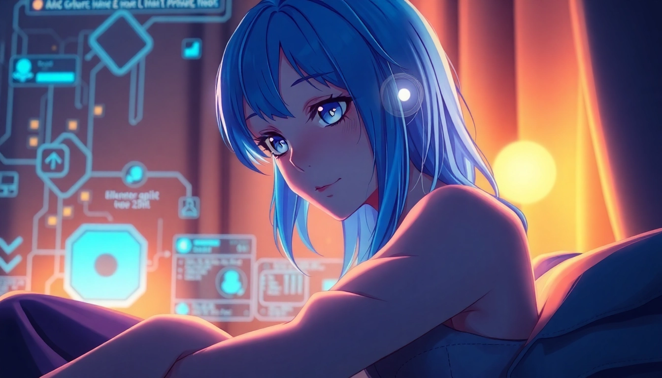 An anime-style AI girlfriend avatar in a cozy, tech-inspired environment, glowing holograms and warm lighting.