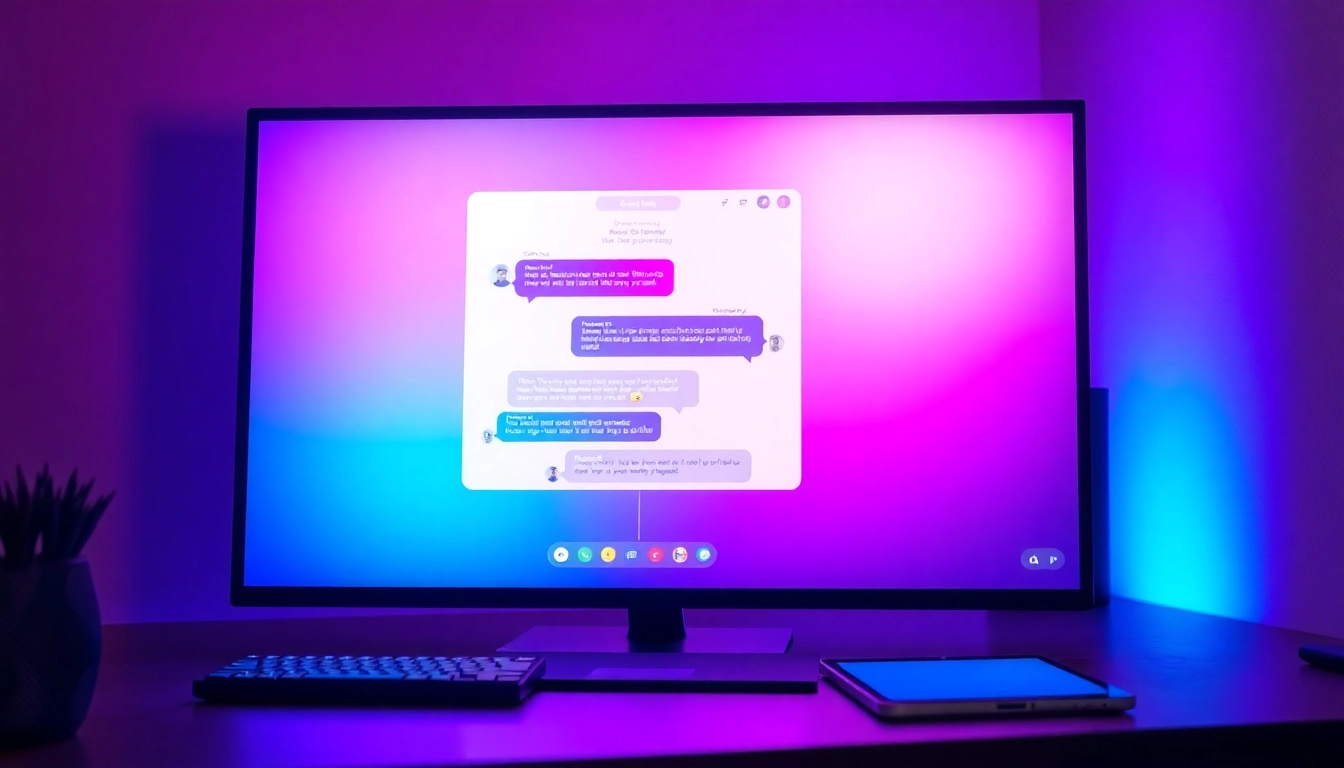 Futuristic digital chat interface on high-resolution screens with neon accents and modern workspace background.