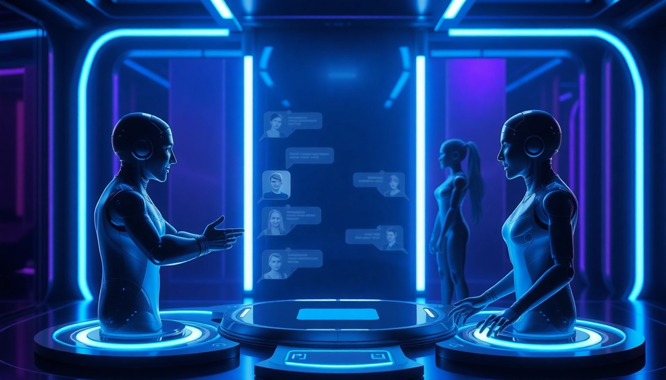 Futuristic digital interface with holographic AI characters in a high-tech environment