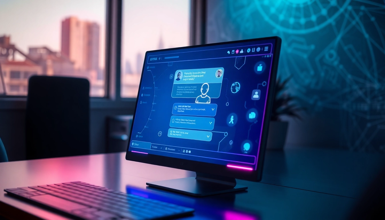 Close-up of a user interacting with an AI chatbot on a sleek digital screen with neon accents and holographic elements.