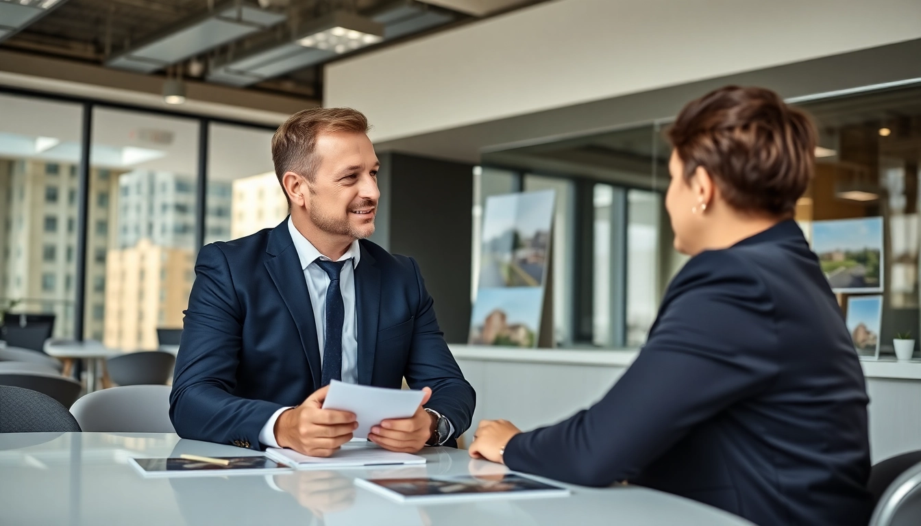 Professioneller Immobilienmakler Grevenbroich berät Kunden bei Immobilienverkauf in einem modernen Büro mit schönem Stadtblick.