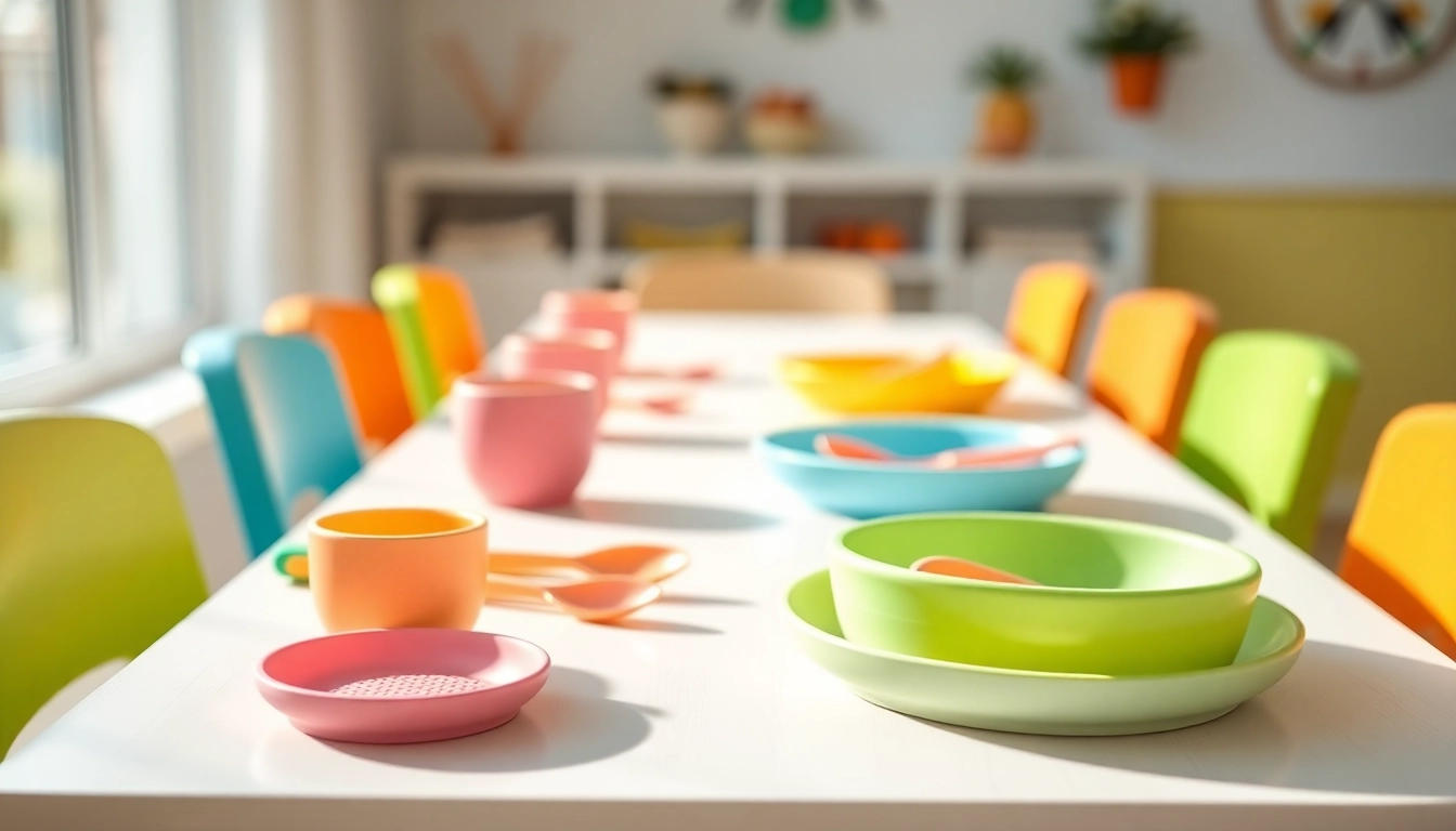 A set of baby feeding utensils and plates in silicone for weaning, designed for safe and easy