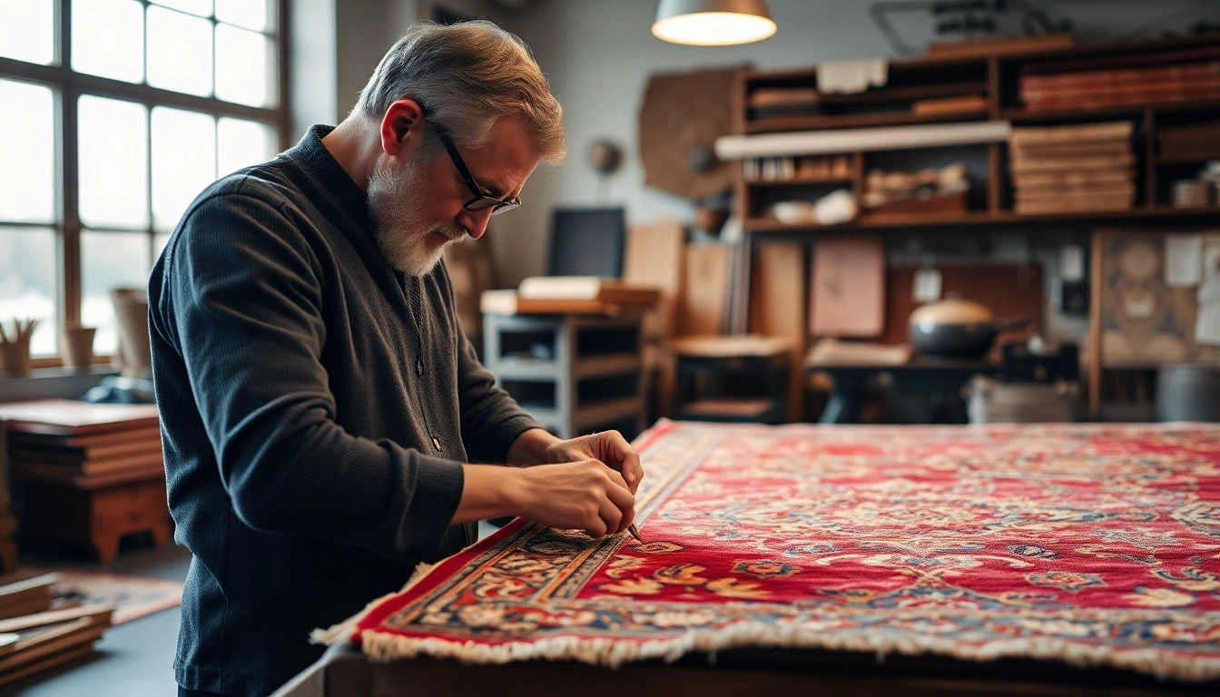 Restauro Tappeti Milano Skilled artisans restoring an antique rug with attention to detail and