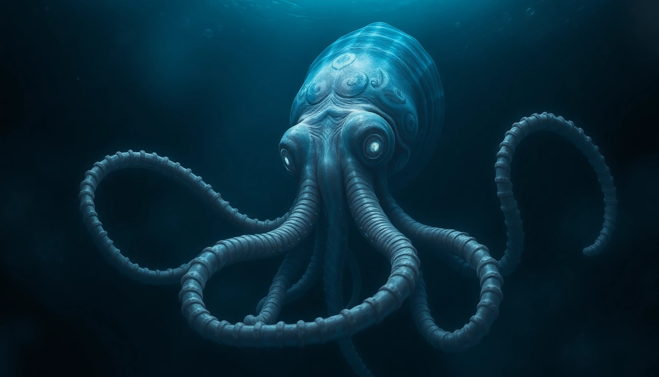 Illustration of a massive kraken attacking a sailing ship at night with glowing eyes and