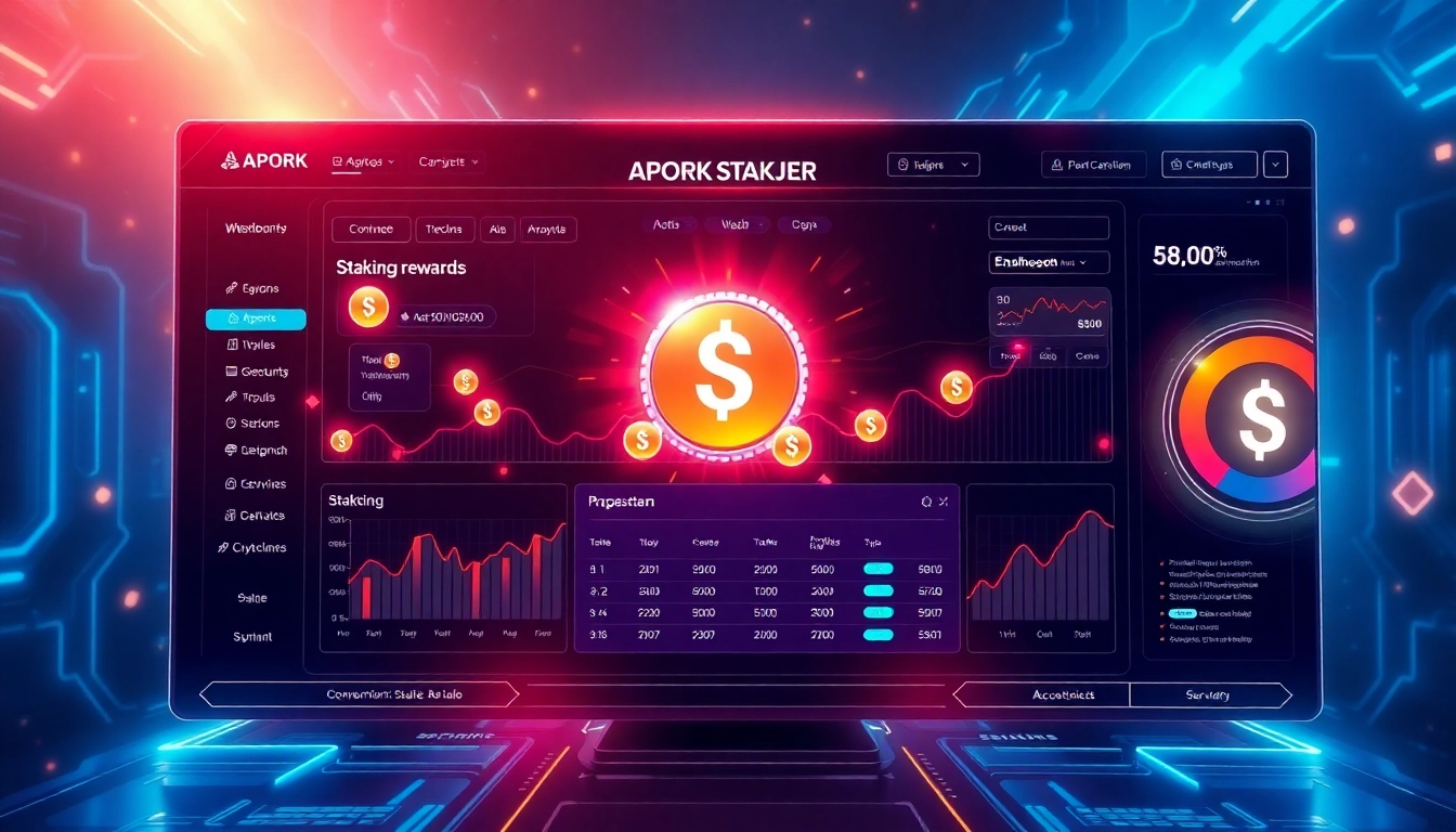Engage with APORK Staking and earn rewards through vibrant blockchain visuals and staking icons