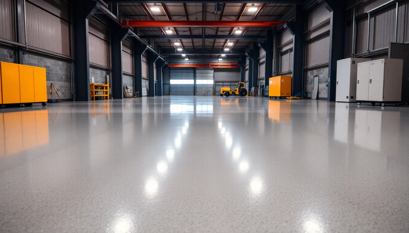 Professional epoxy resin floor being applied in a commercial space, showcasing a smooth and